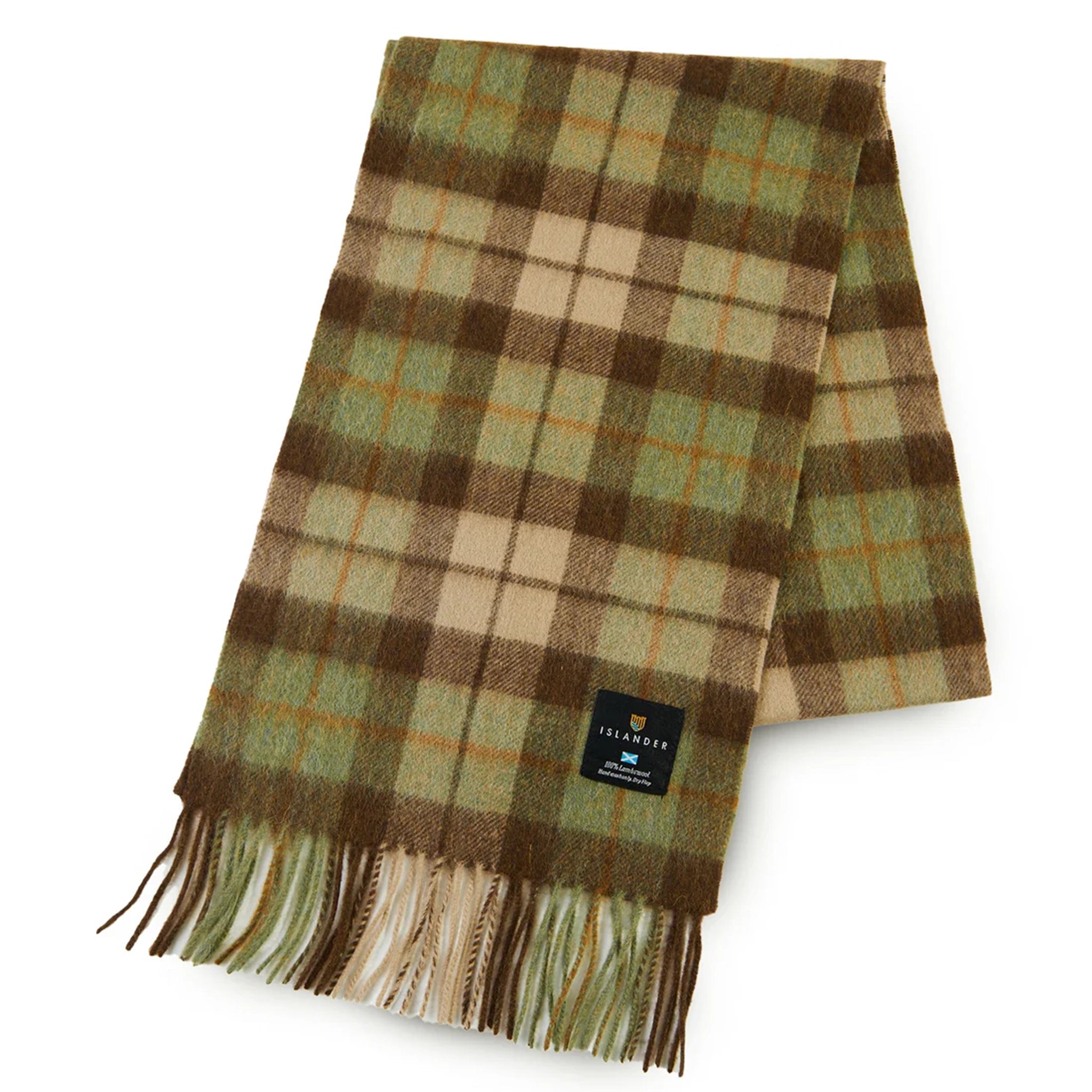 A green, brown and beige wool tartan scarf with fringe