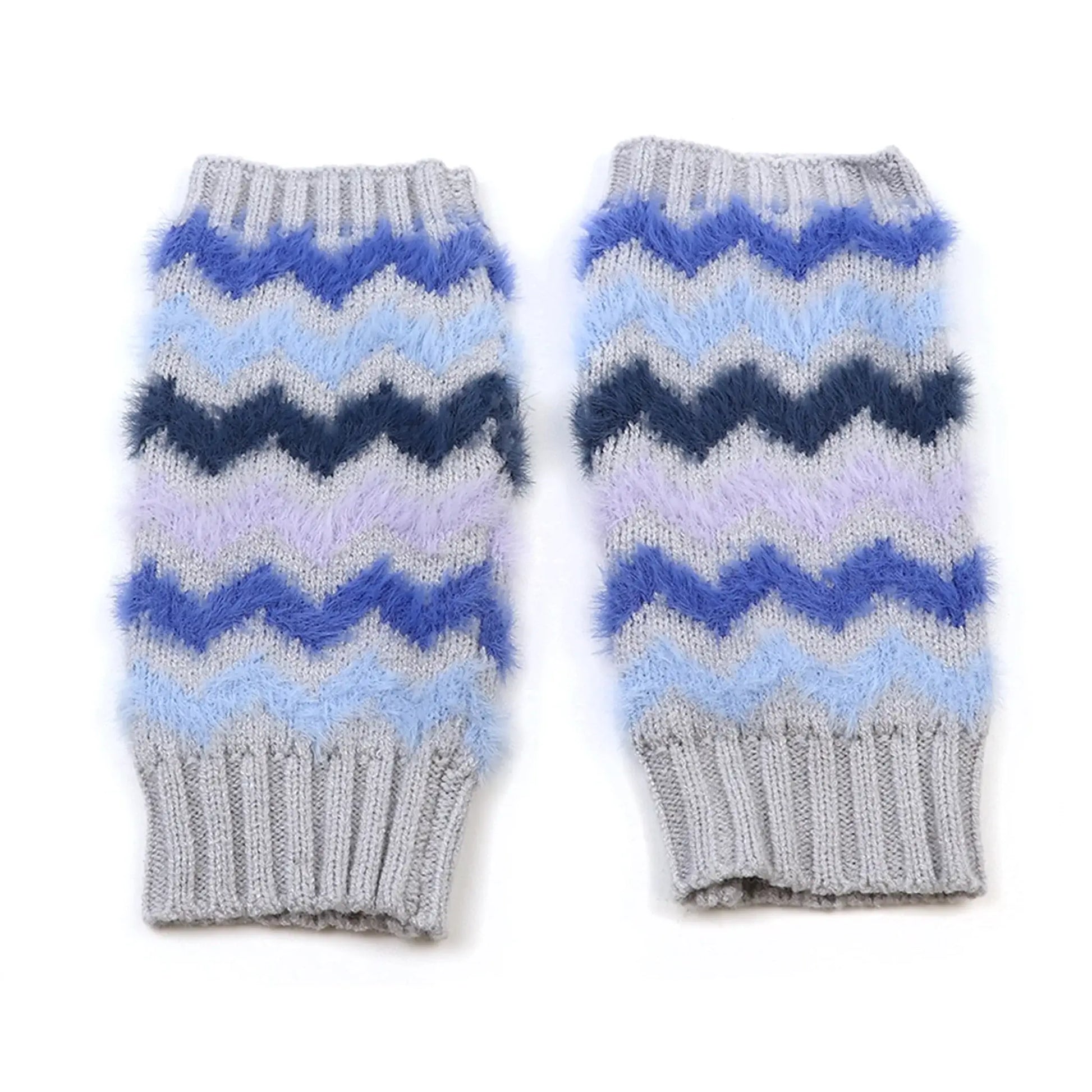 Fingerless grey gloves with brushed blue chevron stripe pattern
