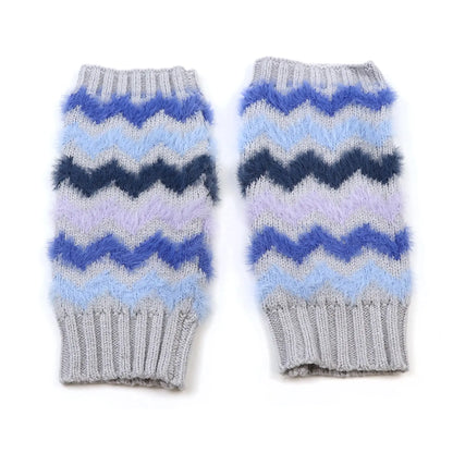 Fingerless grey gloves with brushed blue chevron stripe pattern