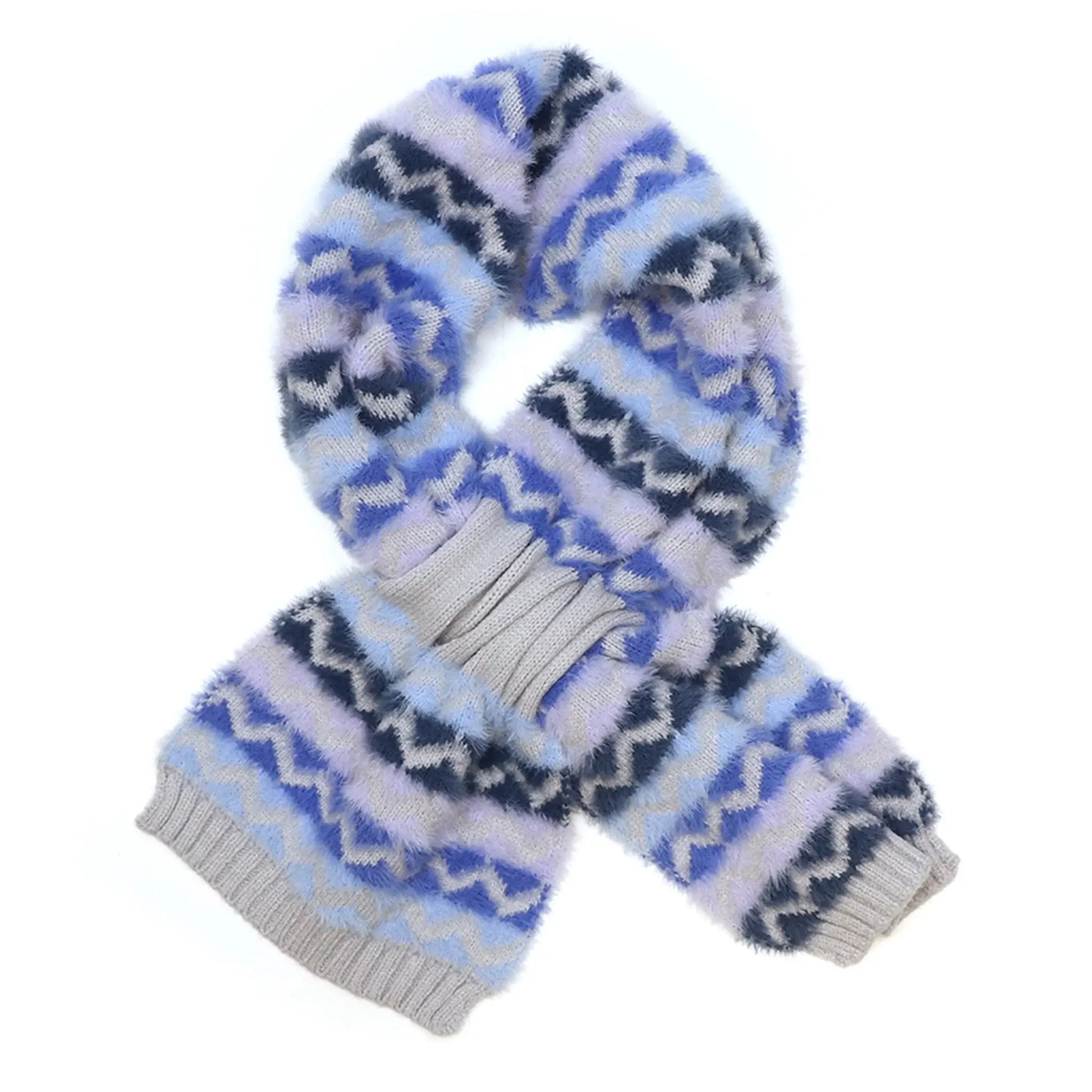 A grey pull-through scarf with blue brushed chevron pattern