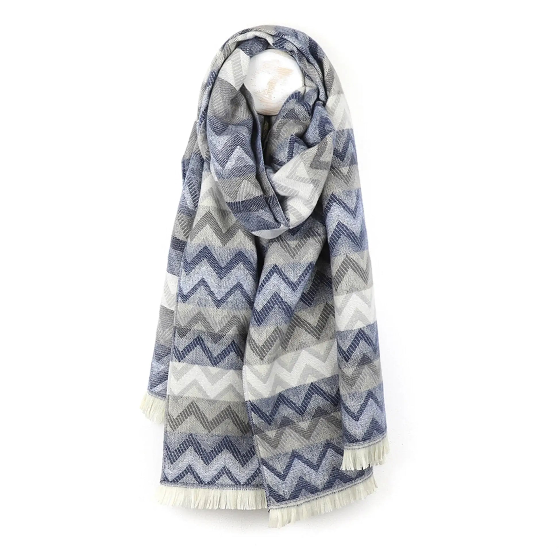 Chevron stripe scarf in blue and grey with fringe