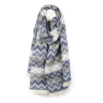 Chevron stripe scarf in blue and grey with fringe
