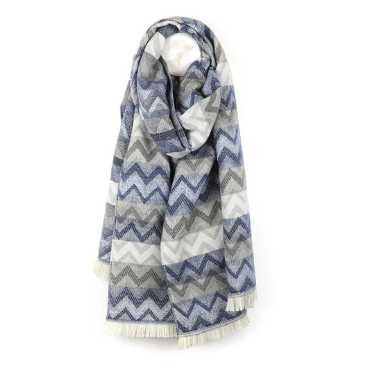 Chevron stripe scarf in blue and grey with fringe