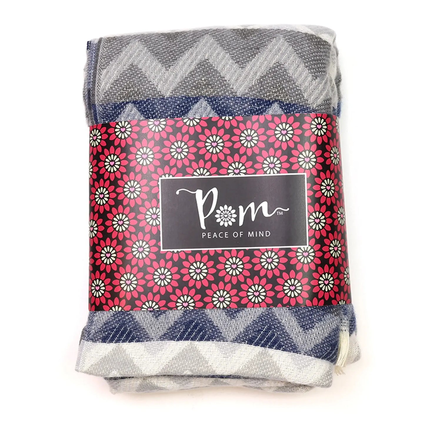 Chevron stripe scarf in blue and grey with fringe packaging