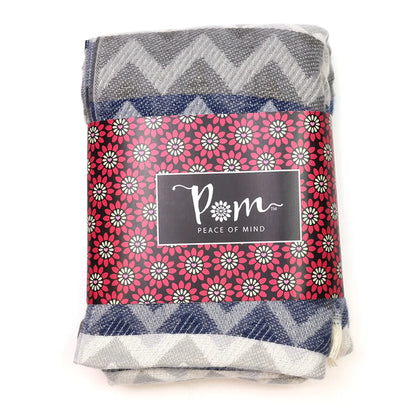 Chevron stripe scarf in blue and grey with fringe packaging