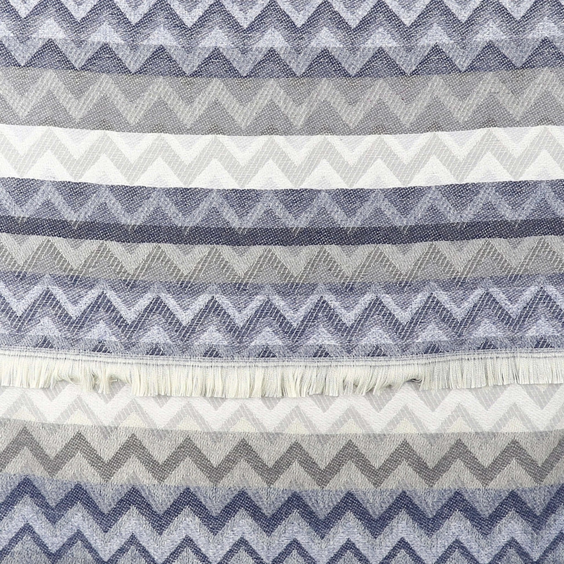 Chevron stripe scarf in blue and grey with fringe pattern
