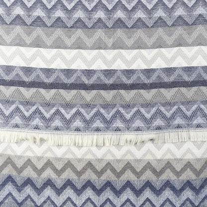 Chevron stripe scarf in blue and grey with fringe pattern