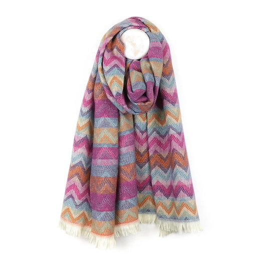 Chevron stripe scarf in pink and ochre with fringe