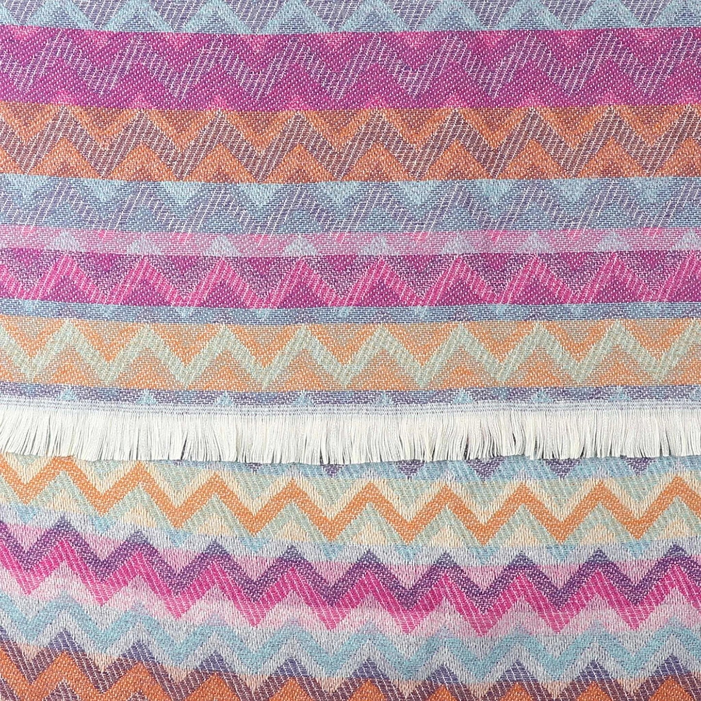 Chevron stripe scarf in pink and ochre with fringe pattern