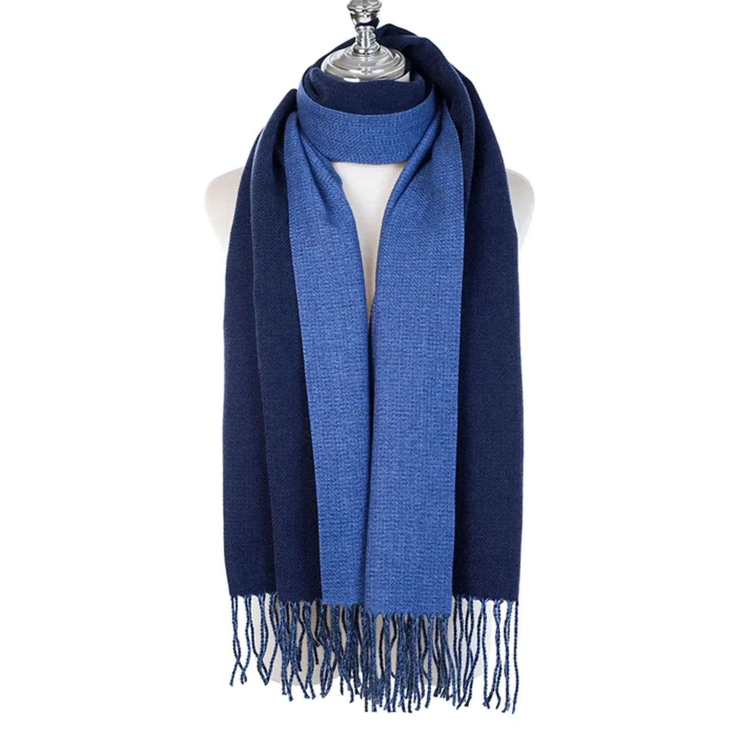 Two toned blue block scarf with tassel trim