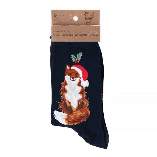 Folded pair of Christmas socks in navy with a fox in a Santa hat