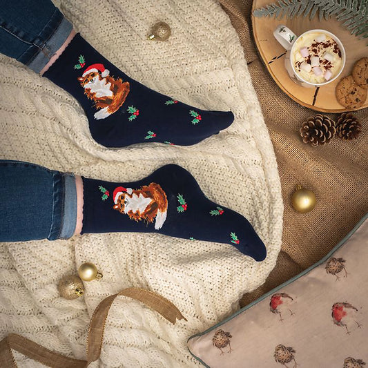 Model wearing pair of Christmas socks in navy with a fox in a Santa hat lifestyle