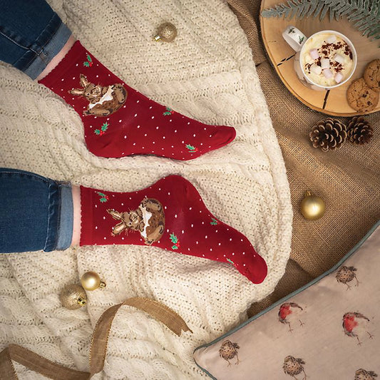 Model wearing pair of Christmas socks in red with a rabbit in a Christmas pudding lifestyle