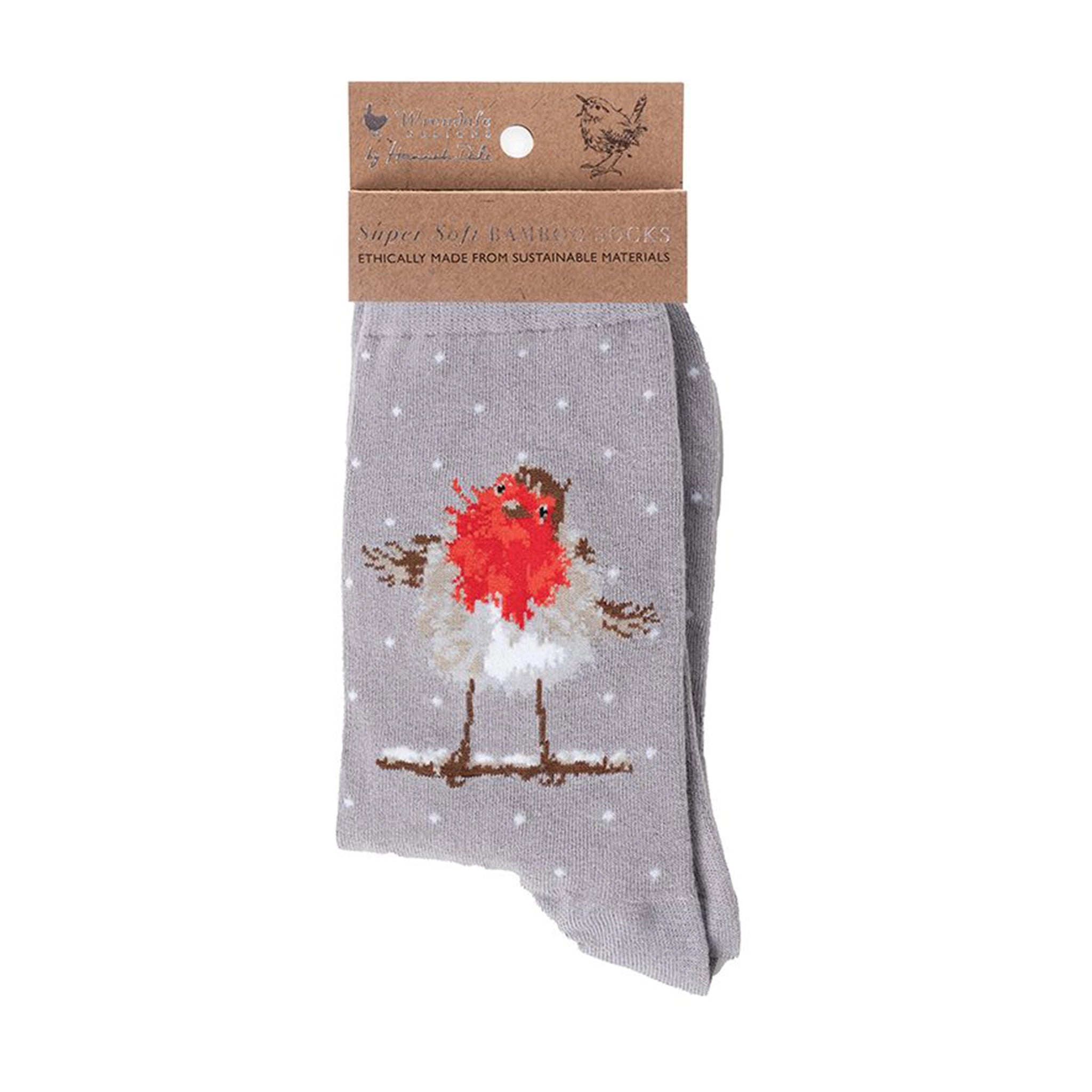 Folded pair of Christmas socks in grey with a robin and polka dots