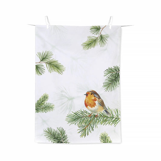 White cotton tea towel with Christmas robin and spruce branch designs