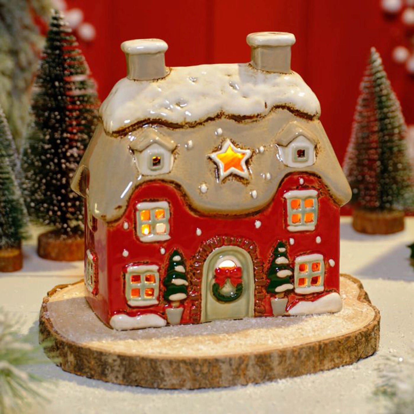 Tealight Holder Christmas Cottage | Red