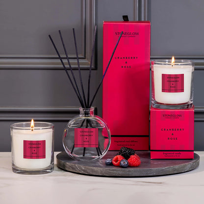 Stoneglow Cranberry & Rose collection with red striped packaging