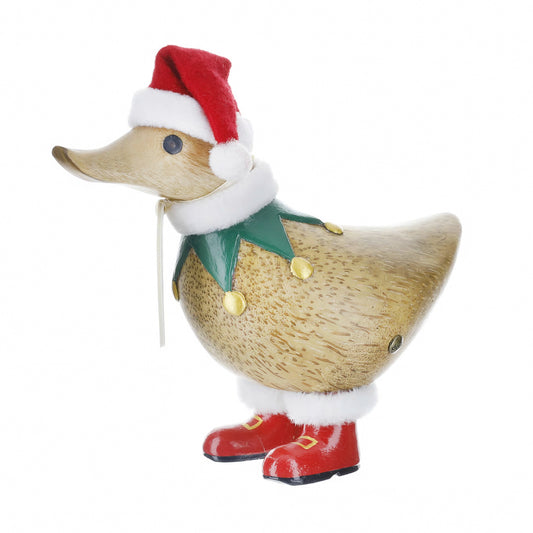 Wooden duck sculpture with Christmas elf costume
