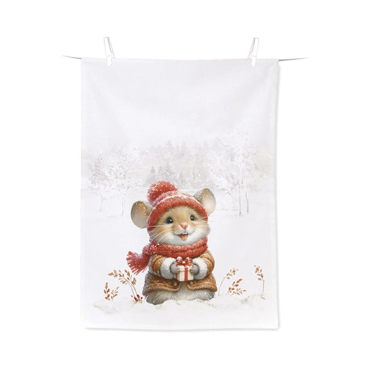 White tea towel with Christmas mouse design
