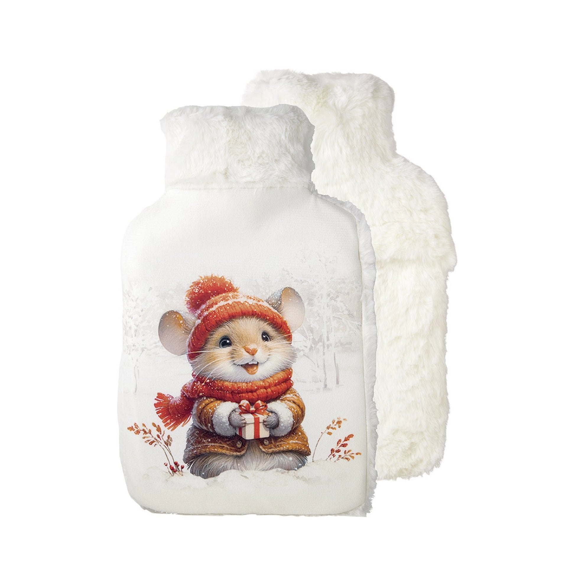 Hot water bottle made with faux fur that features a design of a Christmas mouse in hat and mittens