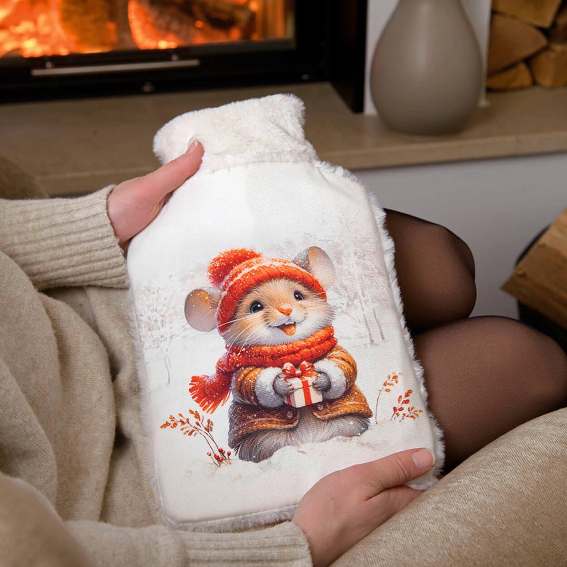 Hot water bottle made with faux fur that features a design of a Christmas mouse in hat and mittens - lifestyle