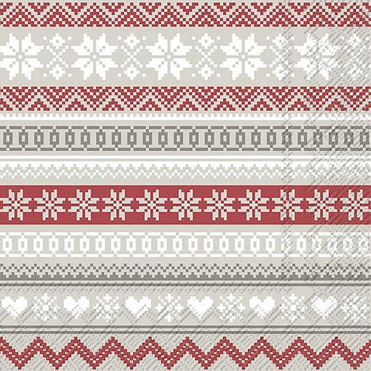 Paper napkins featuring a classic red and grey fair isle pattern with a knitted look