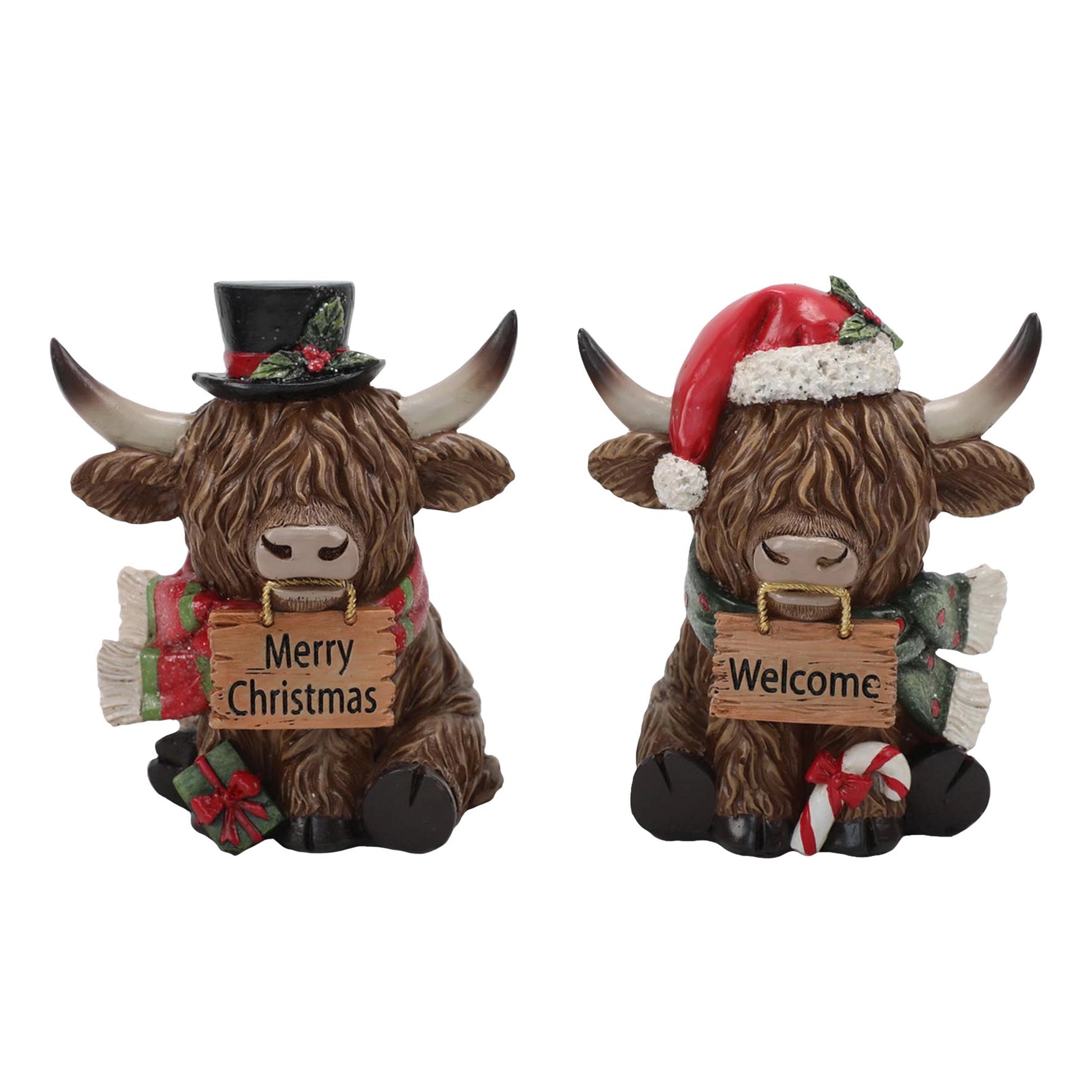 Christmas Highland cow figures with wooden plaques that say 'Welcome' and 'Merry Christmas'