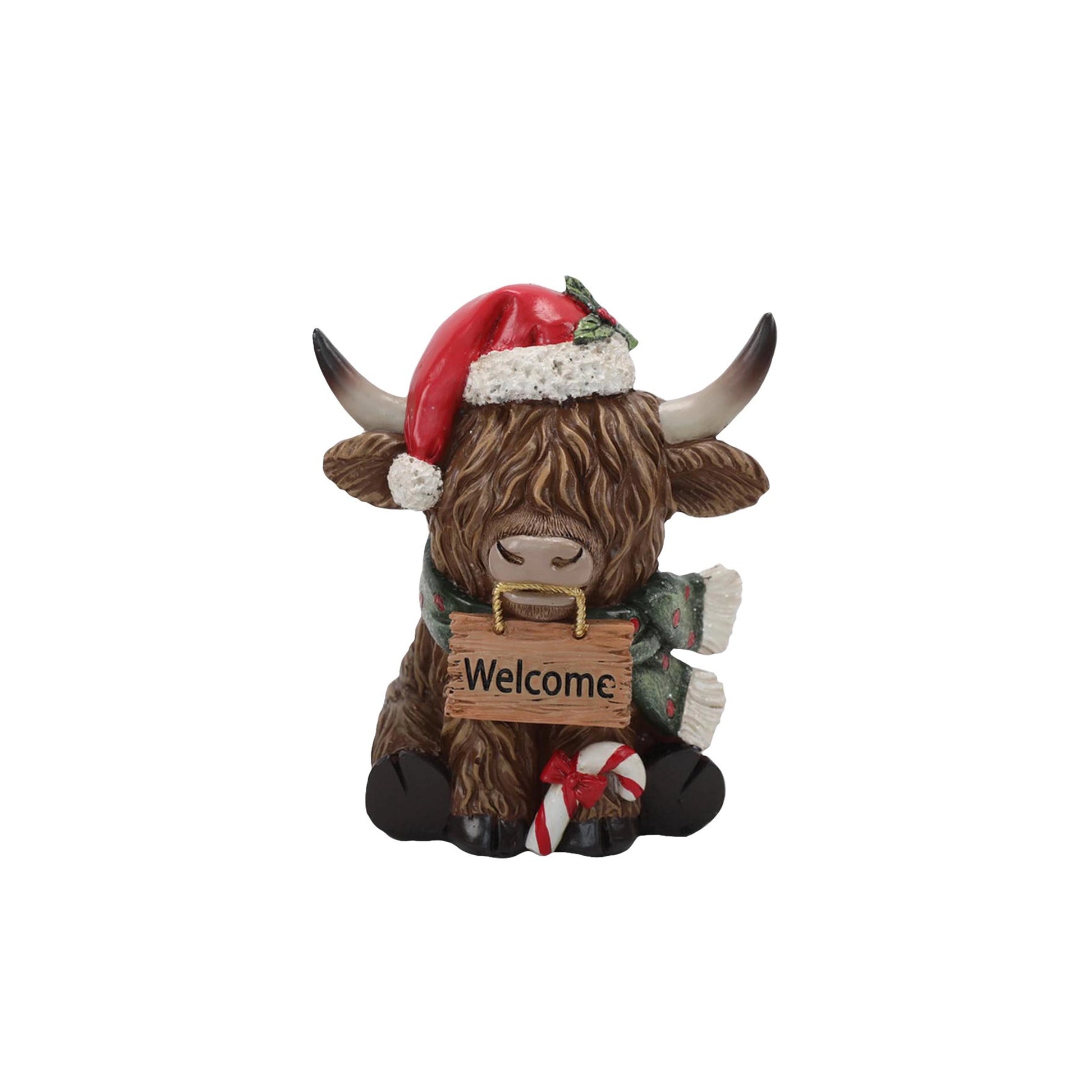 Christmas Highland cow figure with a wooden plaque that says 'Welcome'
