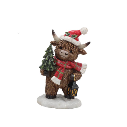 Highland cow Christmas figure with Christmas tree and lantern