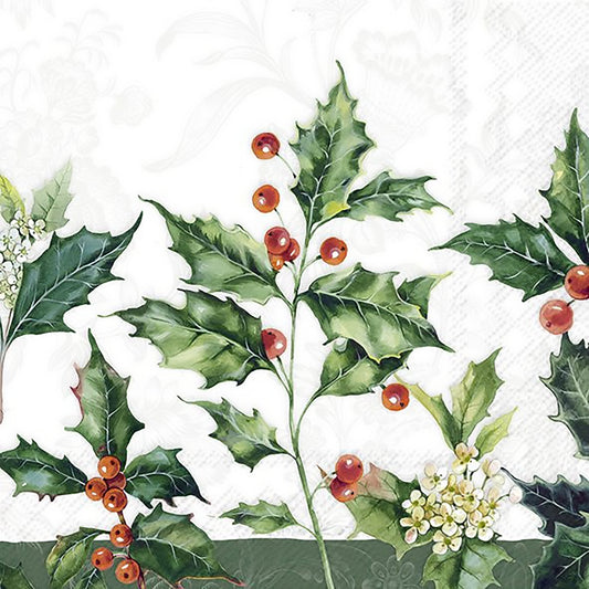 Cocktail napkin featuring lush green holly leaves with bright red berries and little white flowers