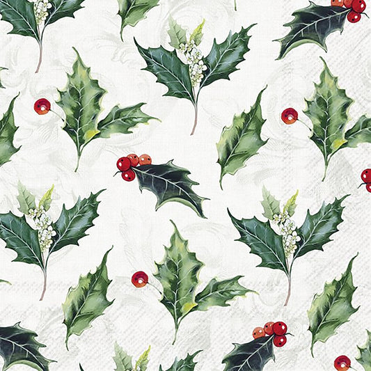 Paper napkin featuring lush green holly leaves and bright red berries.