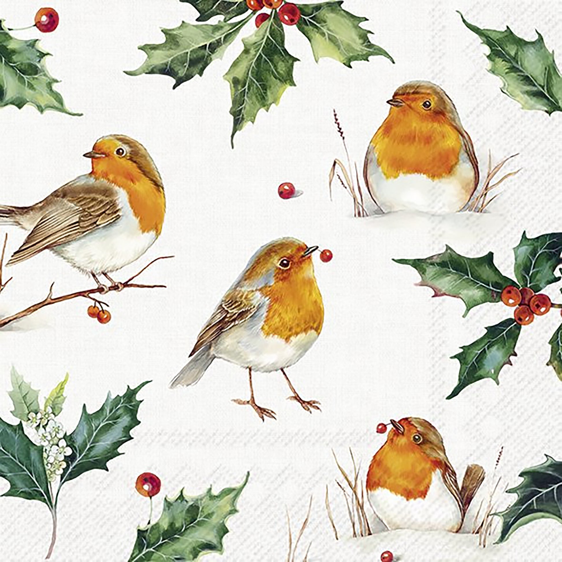 Paper napkins with a robin and holly pattern