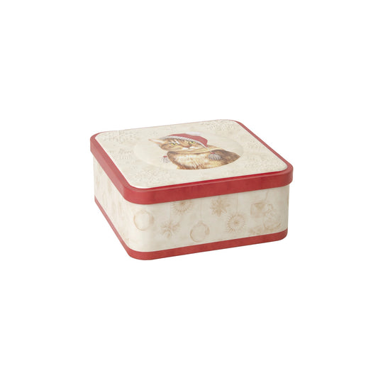 Square tabby cat decorated Christmas tin with embossed snowflakes