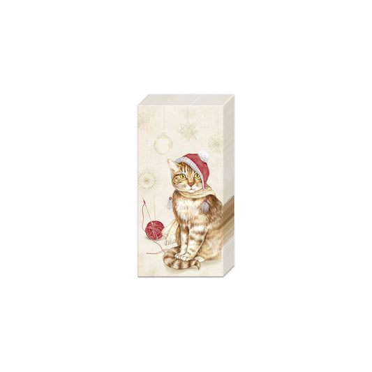 Pocket tissues with Christmas cat in knitted hat design