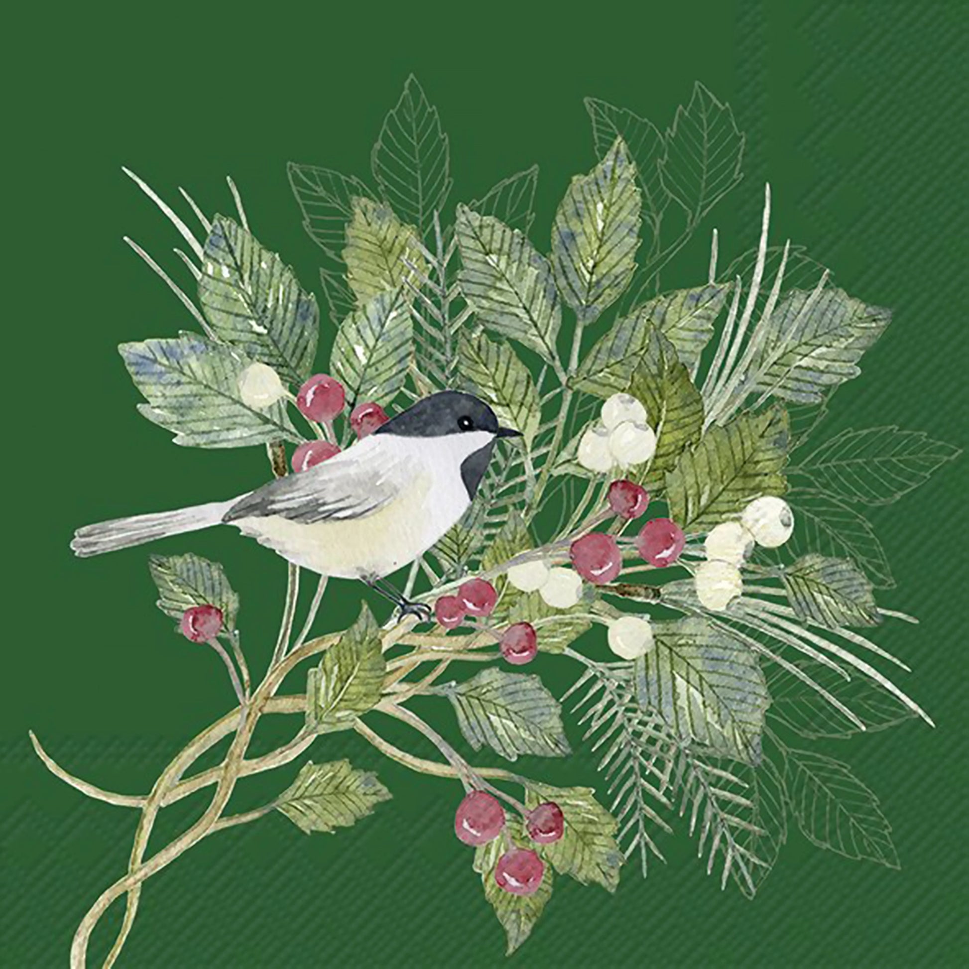 Green paper napkins with a bird on florals design