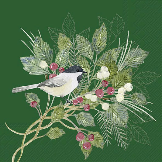 Green paper napkins with a bird on florals design