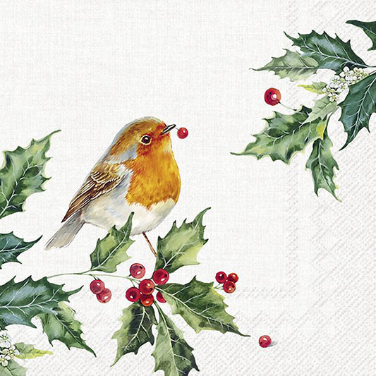 Christmas paper cocktail napkins with a robin and holly design