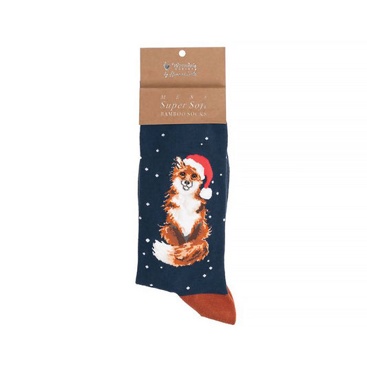 Folded pair of Christmas socks in navy with red heels and a fox