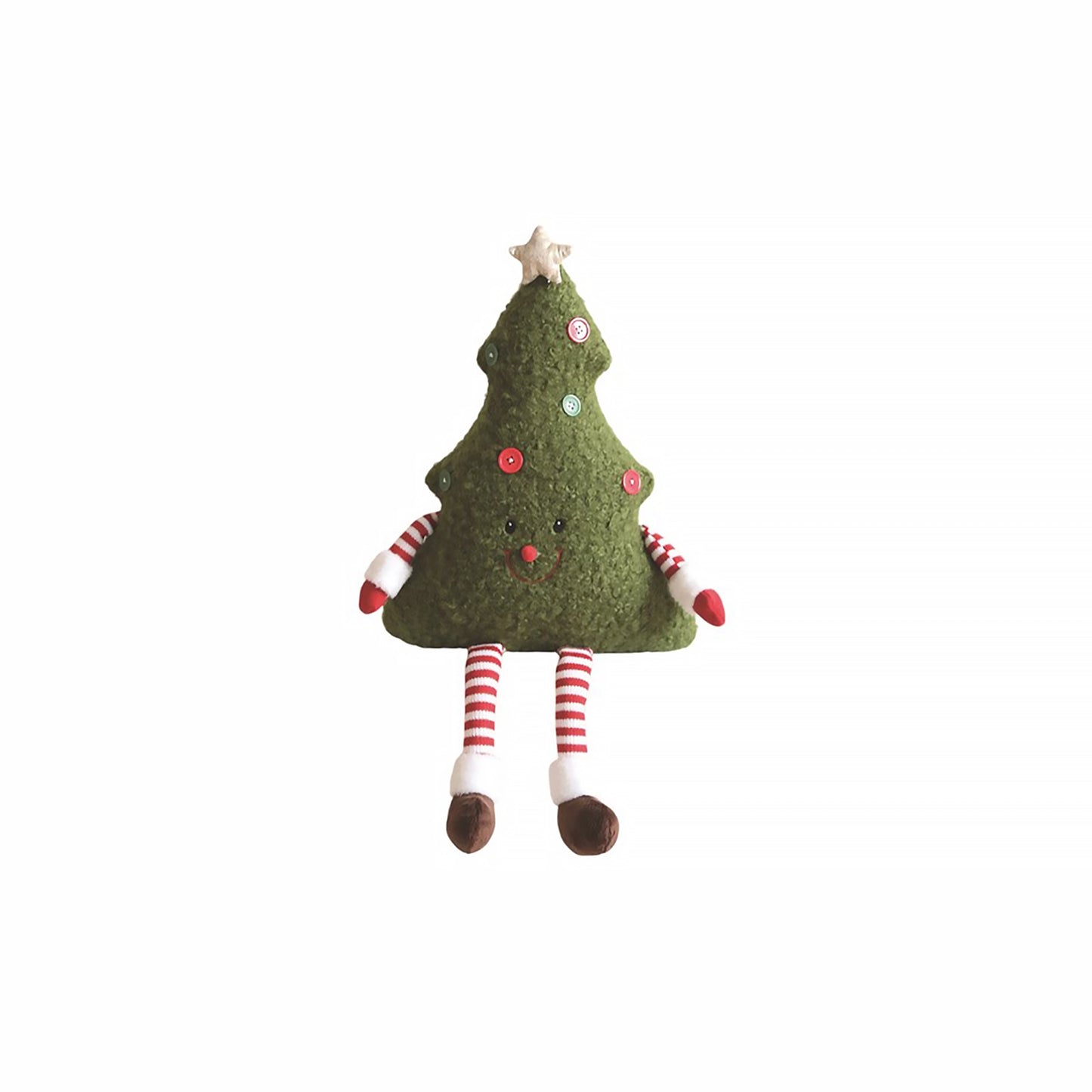 Green boucle novelty Christmas tree shaped cushion with dangling legs and arms