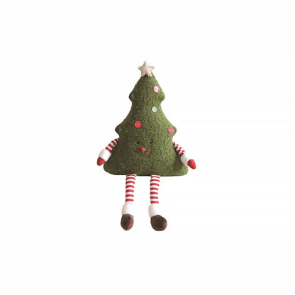 Green boucle novelty Christmas tree shaped cushion with dangling legs and arms