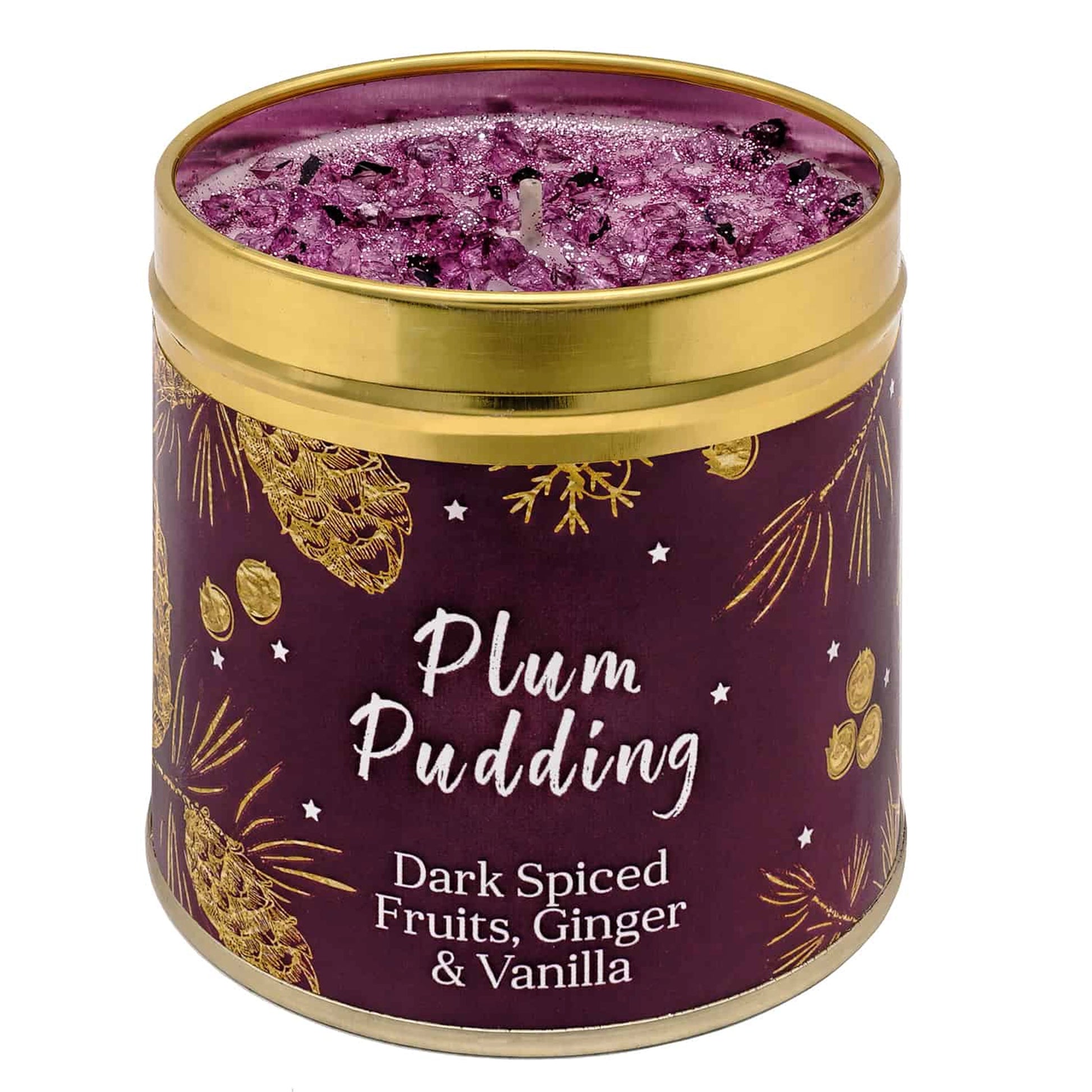 Plum pudding scented candle tin with added embellishments