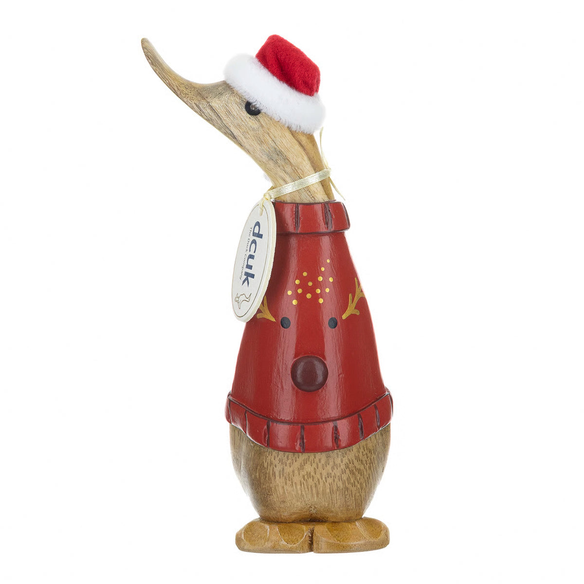 Wooden duck sculpture with Christmas reindeer jumper and Santa hat