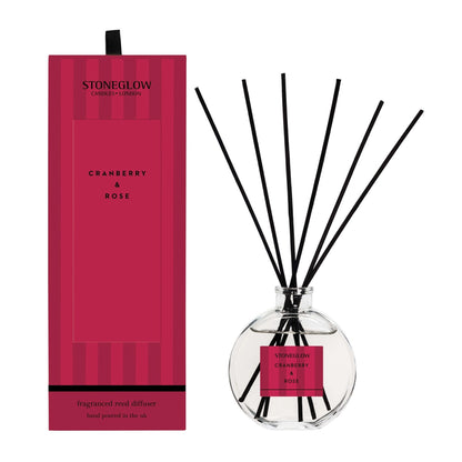 Stoneglow Cranberry & Rose diffuser with red striped packaging