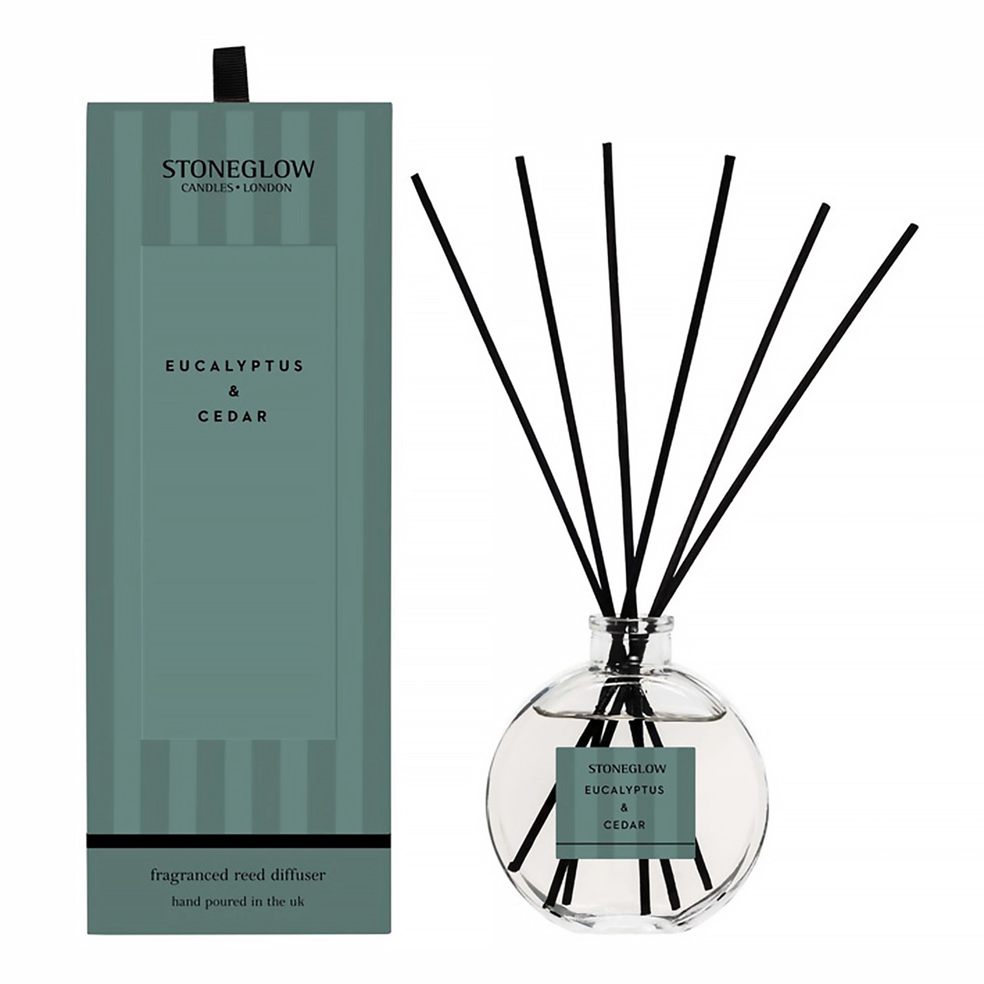 Stoneglow Eucalyprus & Cedar diffuser with green striped packaging