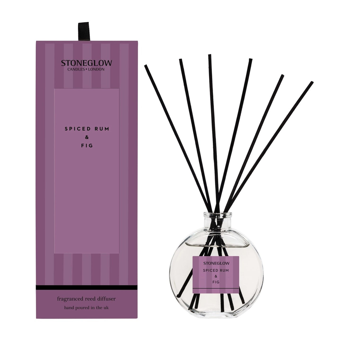 Stoneglow Spiced Rum & Fig diffuser with purple striped packaging