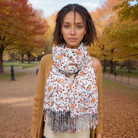 A white pashmina scarf with robins and berries pattern