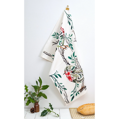 Christmas white cotton tea towel featuring a floral design with a robin