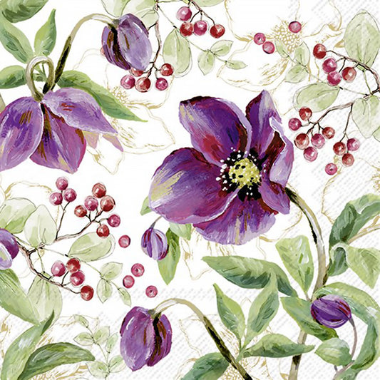 Paper napkins with deep purple hellebore flowers, red berries and gold accents