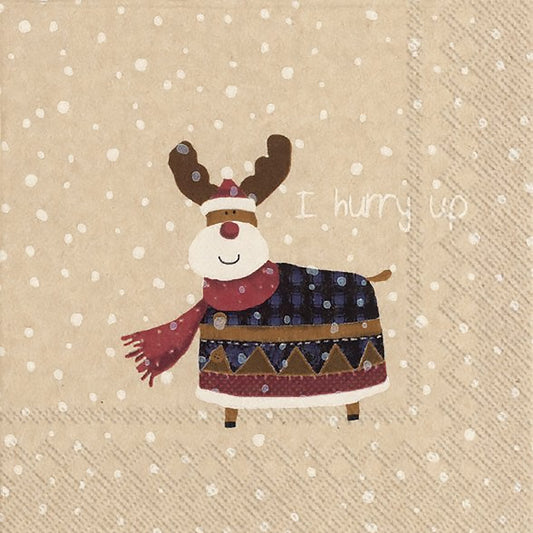 Paper napkin an adorable Rudolph the reindeer out in the falling snow dressed in a red scarf and Nordic patterned coat