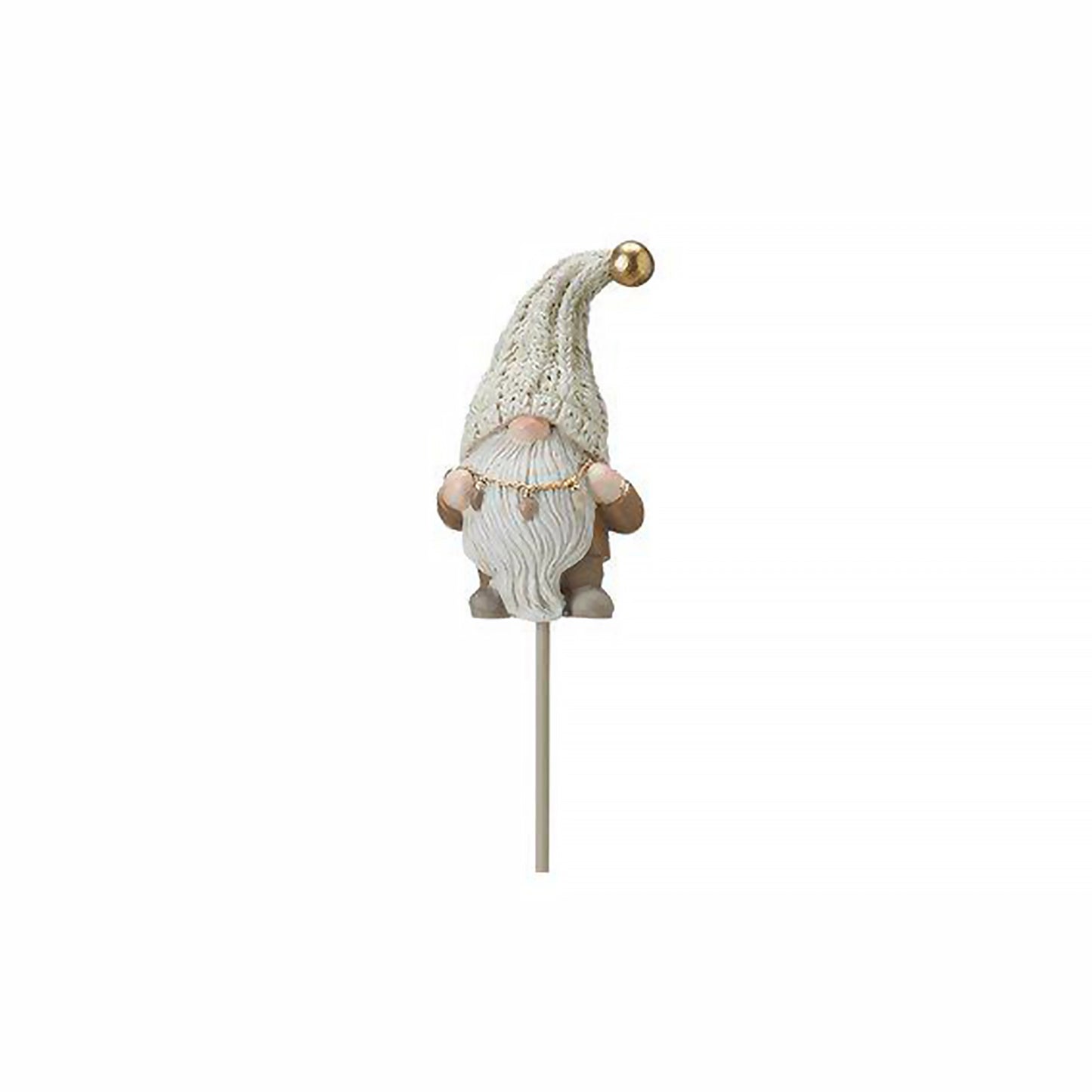 Festive gnome plant pot stick ornament with a string of lights